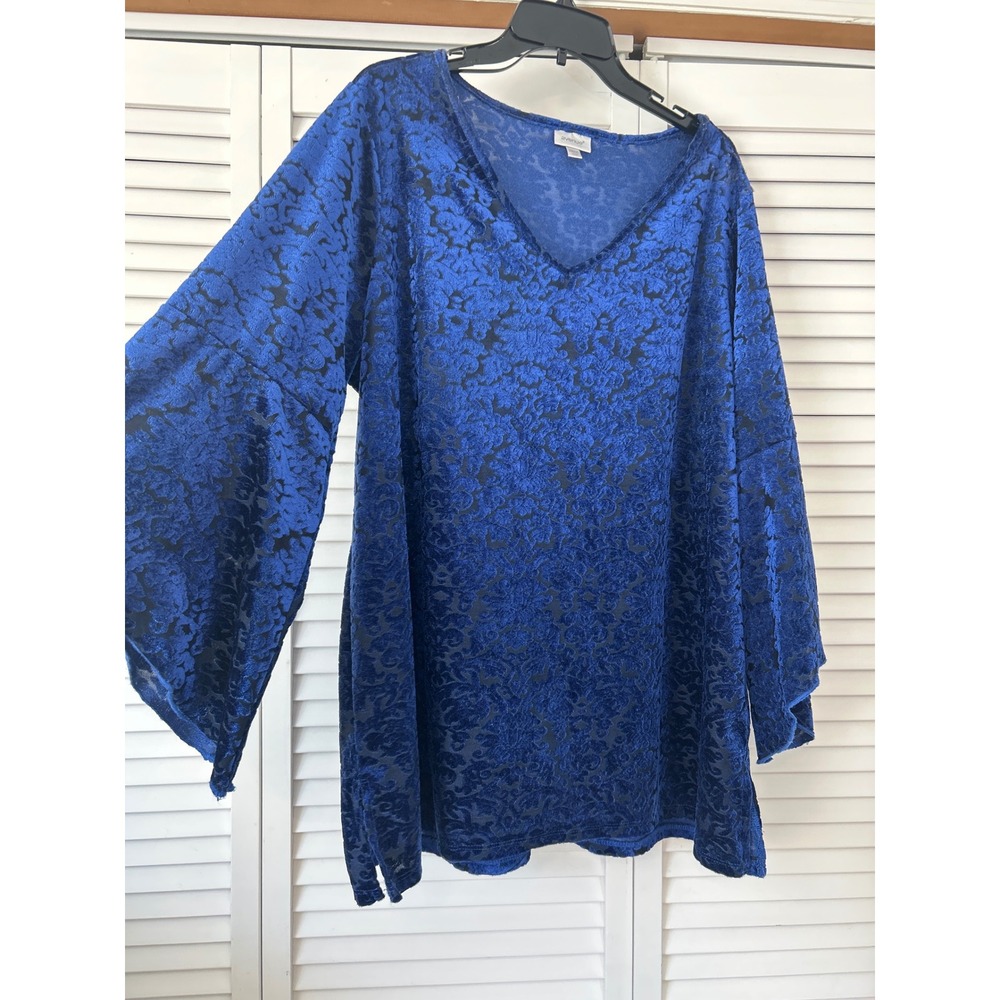 Avenue Royal Blue Burnout Velvet Floral V Neck Long Sleeve Tunic Top Plus‎ 18 20